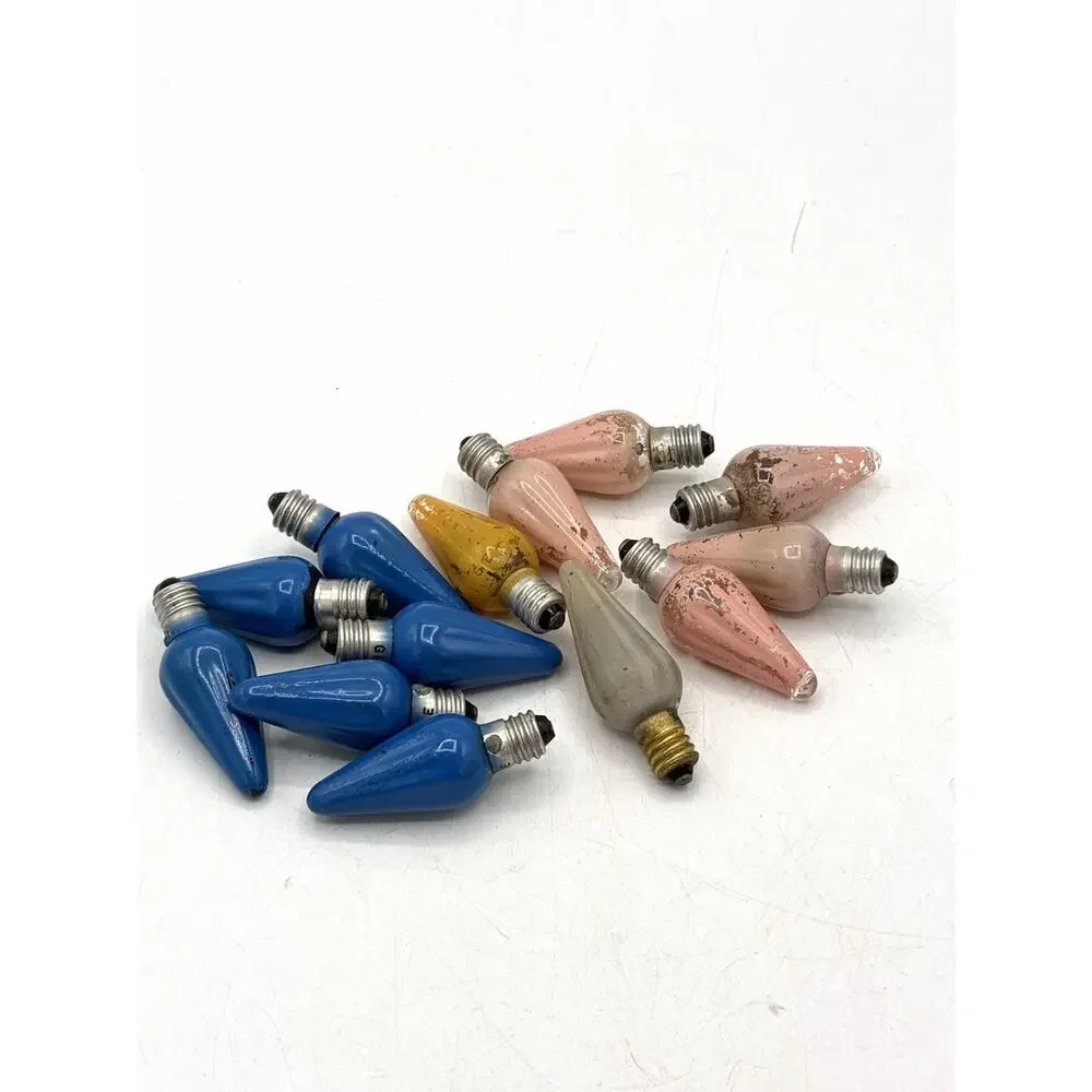 Lot 13 Vintage GE C6 Christmas Bulbs Blue Pink Milk Glass Flame Tip Replace